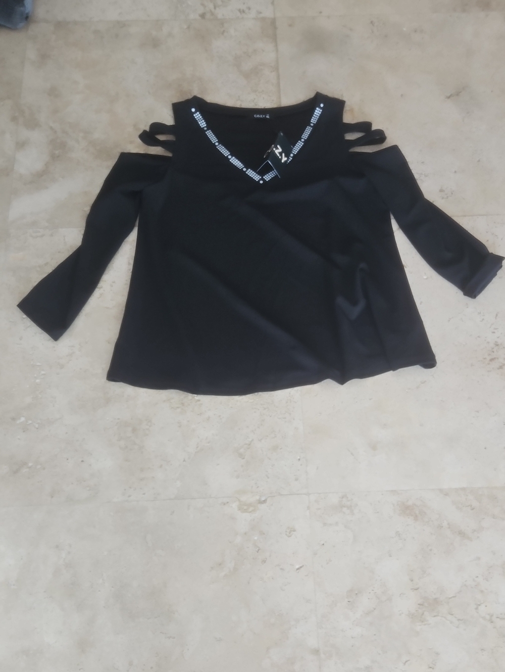 C.O.Z.Y. Black Cold-Shoulder Top with Embellished V-Neck